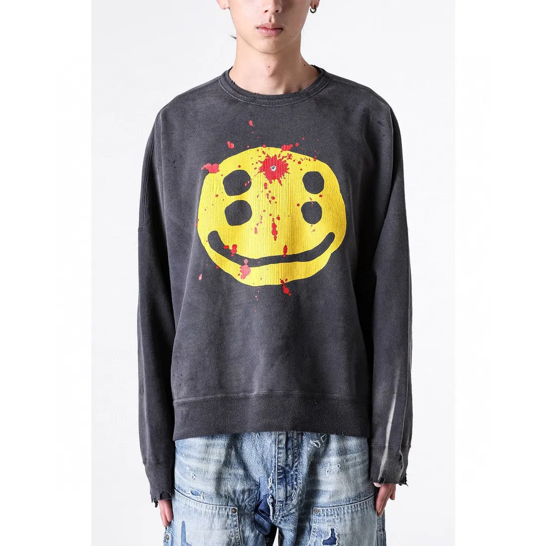 SAINT Mxxxxxx x CACTUS PLANT FLEA MARKET SMILE SWEATER SHIRT CPFM co-branded sweatshirt with smiley face, washed black S-XL, ready-to-wear Assute dyeing, heavy fermentation washing, multi-position spray fading, ultra-complex manual polishing/destruction treatment/special shearing treatment, special striped cuffs/multi-position shearing/pure handmade graffiti and dirty The only correct co-branded main wheat label/wash water label/little angel anti-counterfeiting label in the entire network